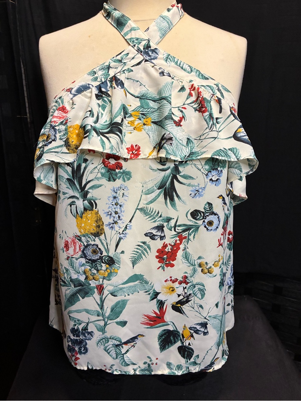 Banana Republic White Tropical Floral Halter Ruffle Blouse